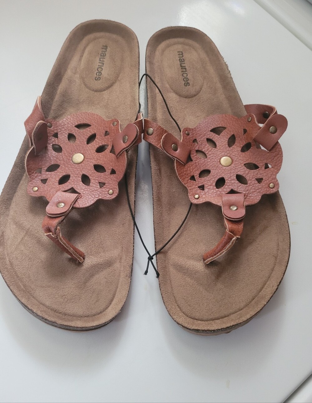 Maurices Women's Tan Floral Cutout Toe-Post Sandals Size 10.